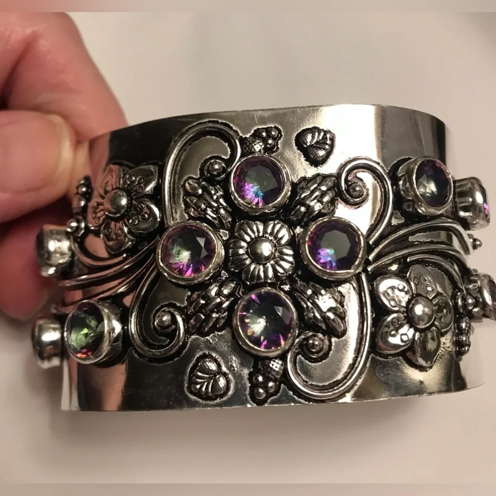 Mystic Topaz Stamped Solid Stamped 925 Sterling Silver Cuff Bracelet